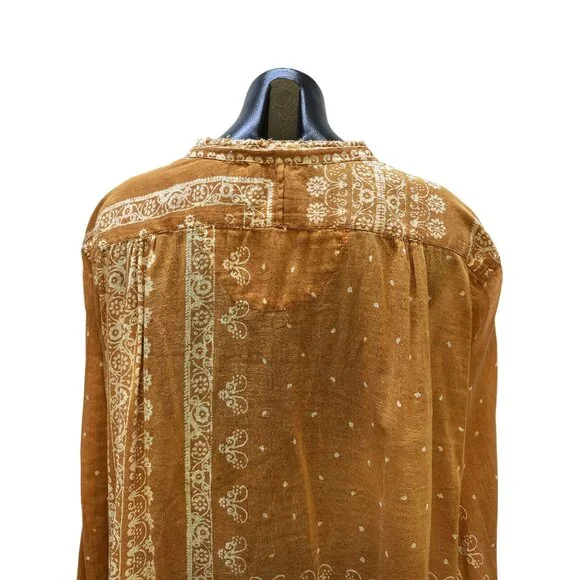 Magnolia Pearl Boho Style Mustard & Cream Floral Print Dress w/Button Front - Picture 6 of 11